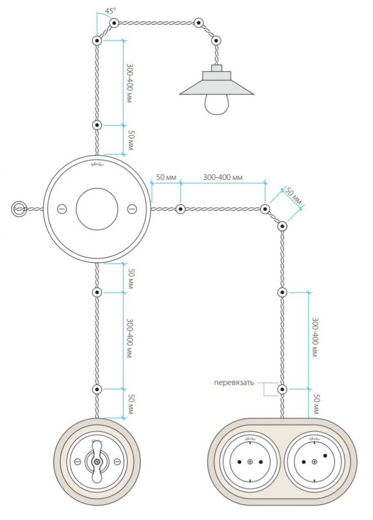 Схема монтажа витой наружной проводки с механизмами Retro